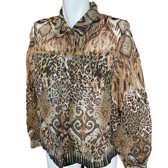 Alfred Dunner Button Down Sheer Blouse Women's Size 10P Black Brown Animal Print - Picture 2 of 6